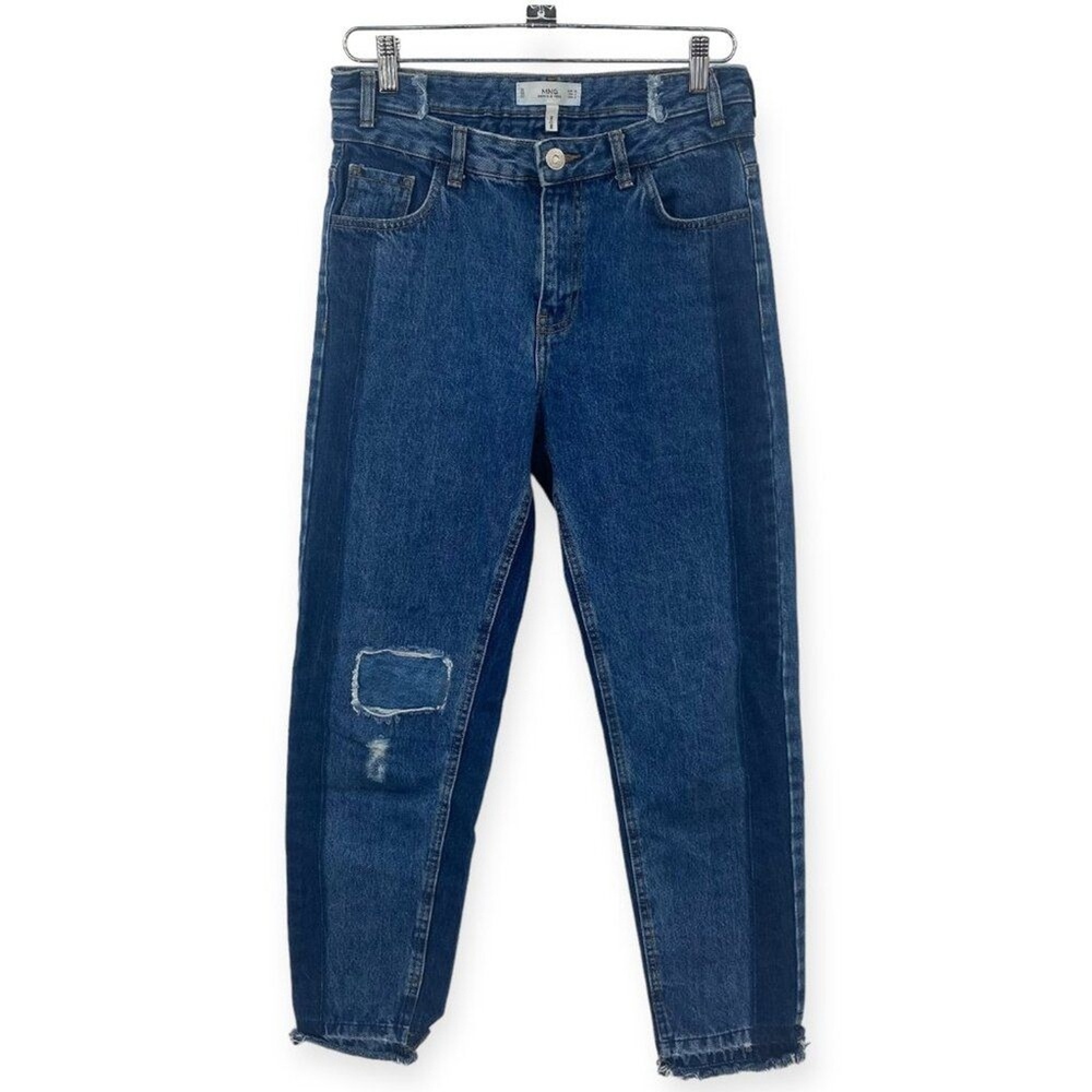 MANGO Denim & Tees Contrast MOM Jeans Womens Size 4 Blue Patch Ripped Raw Frayed
